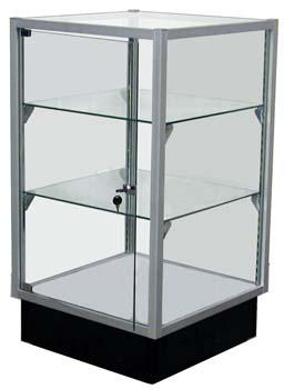 96 CORNER FULL VISION SHOWCASE MODEL CSC100-21 Depth 21 Width 21 Height 38 30 high display area with glass top, front & side panels floor Two adjustable glass shelves.