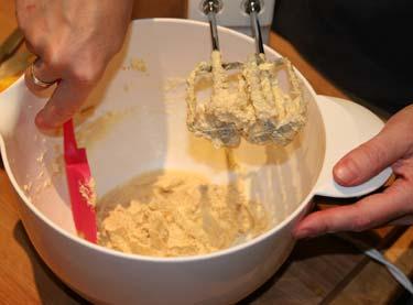 Begin the cookies: Dump the butter into the bowl, add the two kinds of sugar (4), and mix