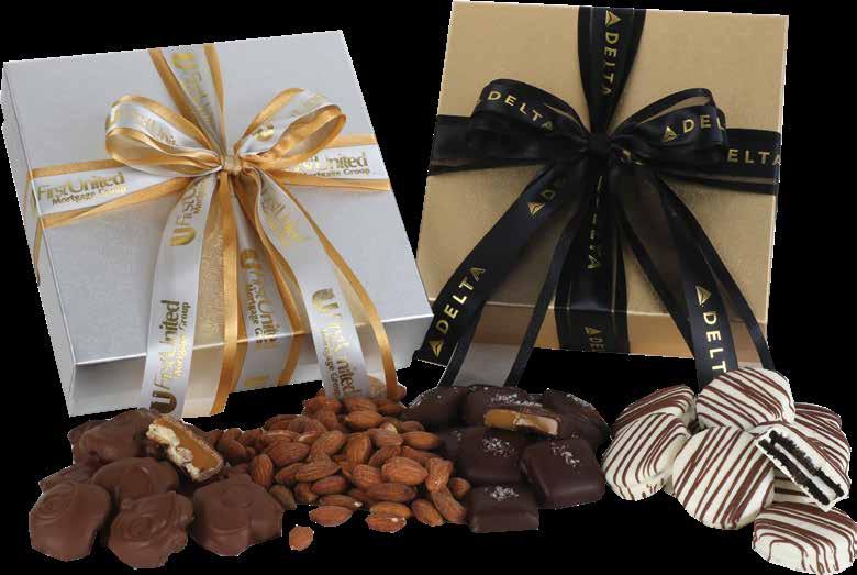 S (Silver) G (Gold) 24OZ CUSTOM SAMPLER BOXES This 24oz gift box includes 6oz each of Milk Chocolate Maggies (Turtles ), White Chocolate Oreo Cookies, Roasted Salted Almonds, and Dark Chocolate Sea