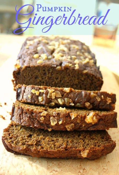 Pumpkin Gingerbread From Simply Recipes 1 ½ cups flour ½ tsp salt 1 tsp baking soda 2 tsp ground ginger 1 ½ tsp ground cinnamon 1/4 tsp ground nutmeg 1 cup pumpkin purée ½ cup butter, melted ½ cup