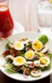 Spinach Salad W/ Turkey Bacon, Mushrooms & Hard-Boiled Eggs YIELD: 6 Servings, PREP: 15 Minutes Ingredients: 10 ounces baby spinach 8 slices turkey bacon, cooked and chopped 8 ounces white