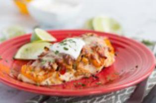 Southwestern Hassleback Chicken Prep time: 30 minutes, Cook time: 20 minutes, Yield: 4 serving, Serving size: 1 chicken breast Ingredients: 2 teaspoons extra virgin olive oil 1 tablespoon minced