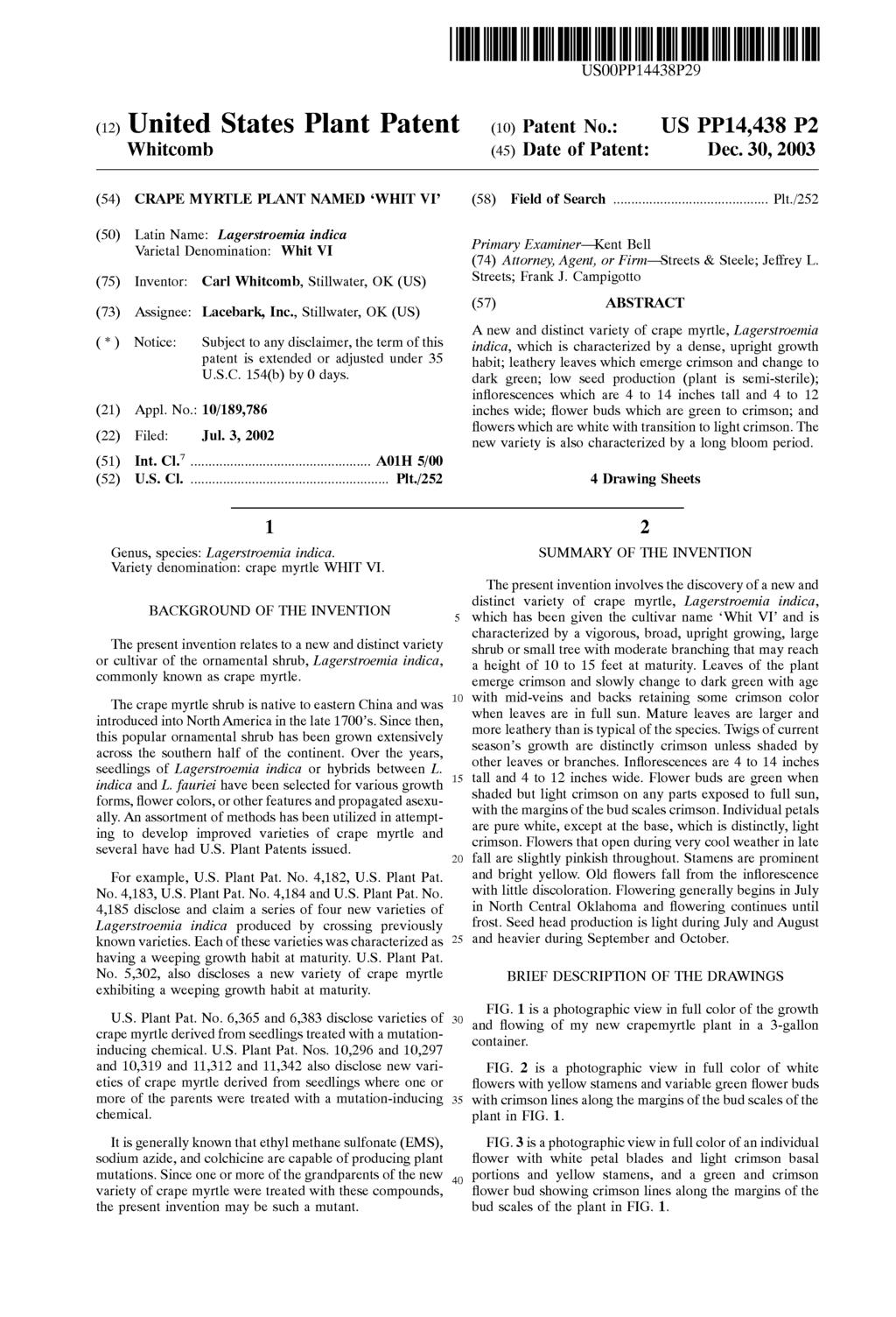 (12) United States Plant Patent USOOPP14438P29 (10) Patent No.: US PP14,438 P2 Whitcomb (45) Date of Patent: Dec. 30, 2003 (54) CRAPE MYRTLE PLANT NAMED WHIT VI (58) Field of Search... Plt.