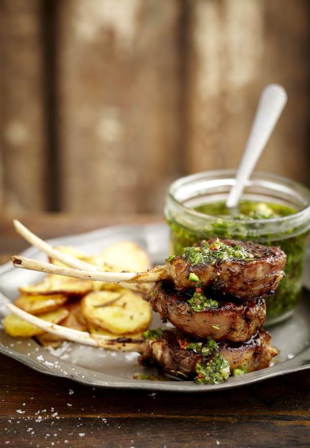 03 LAMB CHOPS WITH CHIMICHURRI Chimichurri sauce 50g fresh parsley, stalks removed 2 sprigs of mint 1 tbsp thyme, stalks removed 1 mild red jalapeno, deseeded 3 garlic cloves, crushed ½ cup of olive