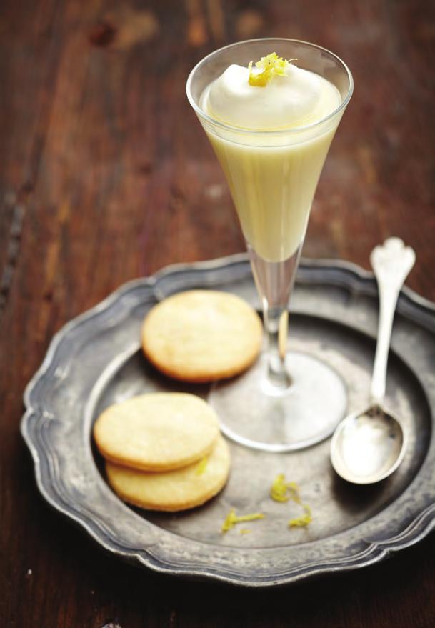 08 Lemon Creams 250ml double or single cream 100g caster sugar 2 tbsp freshly squeezed and strained lemon juice To serve: Lightly whipped cream Zest of lemon Butter biscuits to serve (See 1-2-3