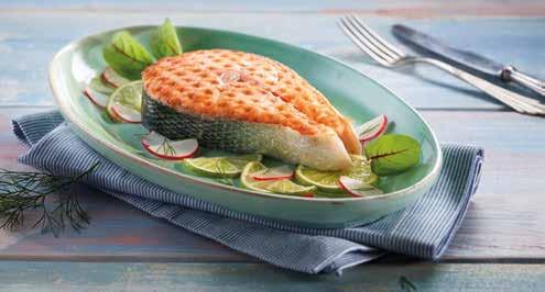 Seasonal Vegetables Grilled Salmon Steak Frying time: ca. 5 minutes Total preparation time: ca. 8 minutes For 1 person 1 (à 150 g) salmon steak, dill, lime oil-free & so delicious! 1. Heat HotPan 20 cm at highest level using Audiotherm up to frying window.