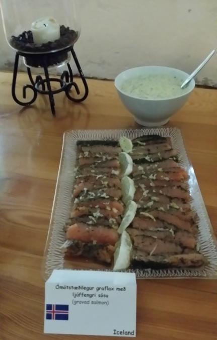 Recipes from Iceland STARTER - Simple gravlax sauce with salmon: 250 g mayonnaise 1 tbs mustard 1 tbs honey 1 tsp dill Salt and ground pepper to taste Mix together mayonnaise, mustard and honey.