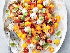Salad: Sun Gold Tomato Caprese Salad Total Time: 12 Mins Serves 8 (serving size: 3/4 cup) We use young Cherokee Purple heirloom tomatoes here to balance the sweetness of Sun Golds with a little acid