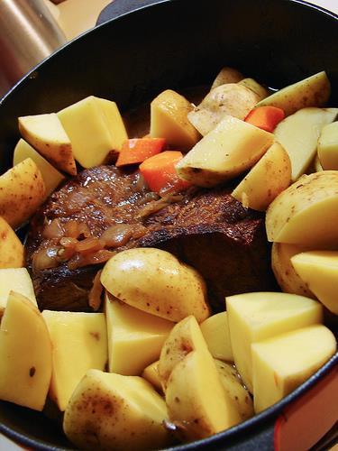 Braising combines dry and moist heat. First the meat is seared or fried over high heat to seal in the juices.