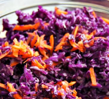Carrot Confetti Salad Serves: 6 Serving Size: ¾ cup 3 large carrots*, grated (~2 cups) 1/4 pound red cabbage*, grated (~1 cup) 2 tablespoons vinegar (try apple cider) 2 tablespoons canola oil (try