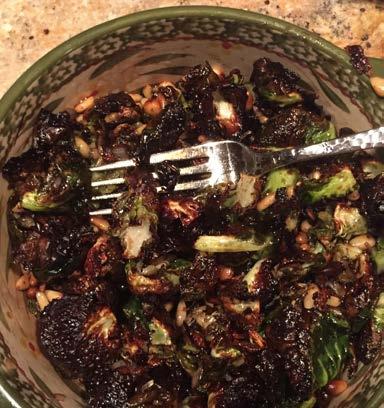 Balsamic Crispy Brussel Sprouts -Libby s Favorite - ingredients: (serves 6) 1 pound brussels sprouts 1/2 cup pine nuts 1/2 cup diced white onion 1 tablespoon olive oil 1 teaspoon salt 1 teaspoon