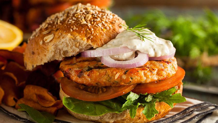 CHIPOTLE SALMON BURGER Ingredients: 8 / Calories: 170 This southwest inspired salmon burger pattie has a little kick, and it gets rave reviews! It comes with Anaheim Chilies and southwest seasonings.