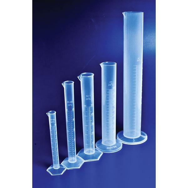 P/grads.50ml/1ml M110/P Measuring cylinder, polyprop. P/grads.100ml/1ml M393/P Measuring cylinder, polyprop. P/grads.250ml/2ml M111/P Measuring cylinder, polyprop. P/grads.500ml/5ml Glass Specification ISO 4788 CLASS A tolerance.