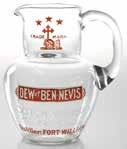 R$250 60. no lot 61. BEN NEVIS 135mm tall early glass water jug, etched words, Dew of Ben Nevis Scotch Whisky Don McDonald Distiller Fort William Scotland, applied handle, VG 9/10 62.