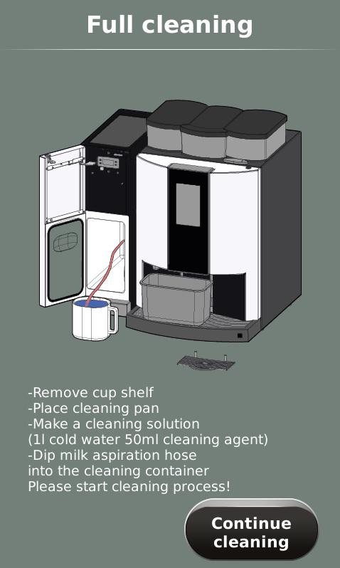 Siamonie 01 1. Remove the cup tray by pushing the two sleeves upward 2. Place the black cleaning container below the beverage discharge and press the short service menu key 3. Press Selection 2 [2.