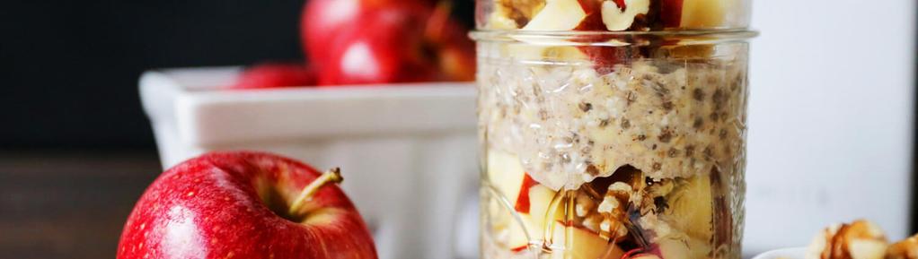 Apple Cinnamon Overnight Oats 10 ingredients 8 hours 4 servings 1. Combine oats, almond milk, chia seeds, maple syrup, cinnamon, nutmeg, vanilla extract and water in a large glass container.
