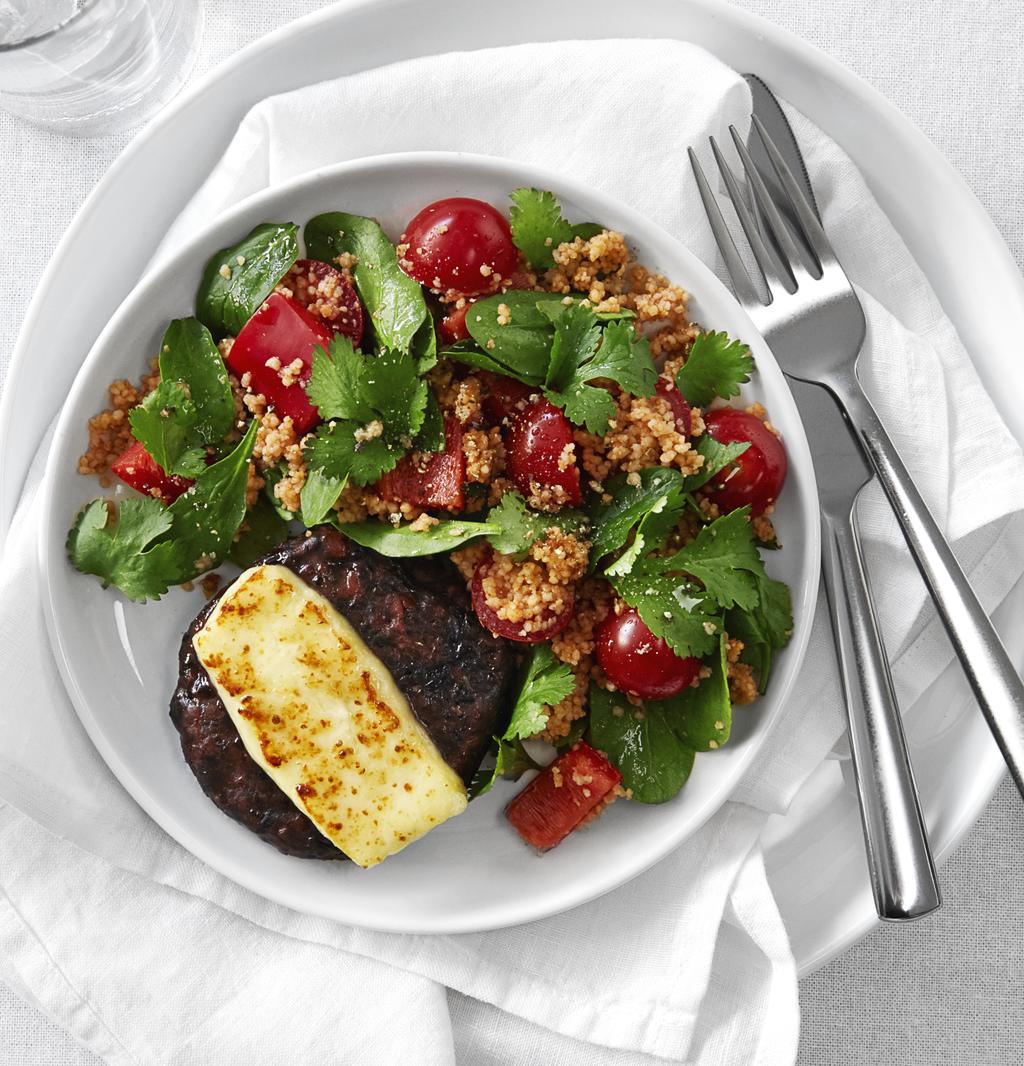 We used Beetroot burger melts with harissa couscous Serves 4 Time to make 20 minutes 4 Bean Supreme Black Bean Beetroot Burgers 4 slices (80g) haloumi cheese 1 cup wholemeal couscous 1 tablespoon