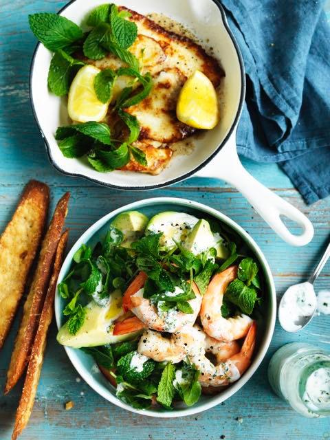 Crispy haloumi, prawn and avocado salad with parmesan crisps 12 thin slices of baguette 1 cup grated parmesan 2 tablespoons olive oil, plus extra for brushing 200 g haloumi, sliced 16 large cooked