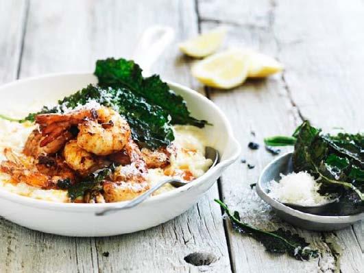 Blanca risotto with harissa grilled prawns and crispy baby kale 20 green Australian prawns, peeled and cleaned 1 tbsp harissa paste 100g butter 100ml olive oil 120g baby kale leaves 1 small brown