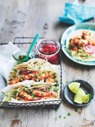 Australian Prawn Tacos with Pickled Jalapeno Salsa ½ cup sliced pickled Jalapenos 3 tablespoons pickled Jalapenos liquid ¼ cup coriander leaves, chopped 1 green onion, chopped 24 large cooked