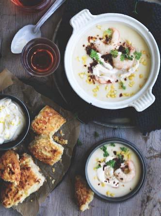 Australian Prawn & Sweet Corn Chowder with Cheddar Scones Cheddar scones; 1 ½ cups self-raising flour 40g chilled unsalted butter, chopped 50g grated cheddar, plus extra for sprinkling ¾ cup
