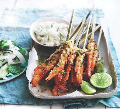 Lime and Lemongrass BBQ Skewered Prawns 24 extra large green Australian prawns 2 stalks lemongrass, white part only, finely chopped 2 long green chillies, finely chopped, plus extra for rice 1