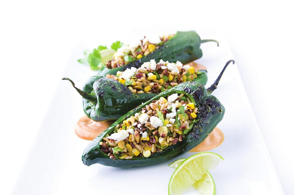 Roasted Poblanos Stuﬀed with Aztec Blend, Chorizo & Sweet Corn Roasted Poblanos Stuﬀed with Aztec Blend, Chorizo & Sweet Corn Yield: 6 servings 1.
