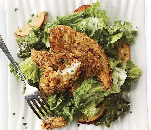wednesday Almond-Crusted Chicken and Nectarine Salad with Buttermilk-Chive Dressing Active total time: 35 minutes This time of year, salad takes center stage.