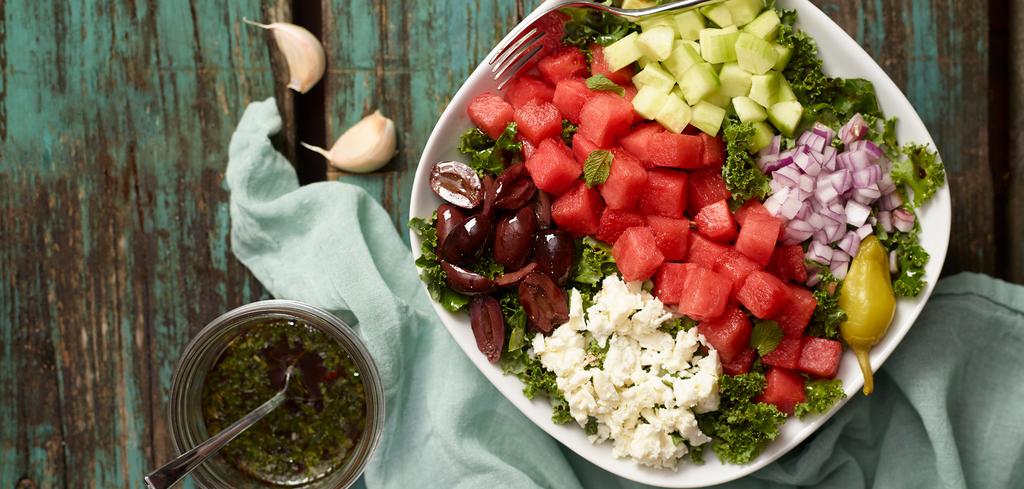 The sweet, crunchy taste of watermelon pairs well with fullbodied vinegar in this otherwise traditional Greek salad.