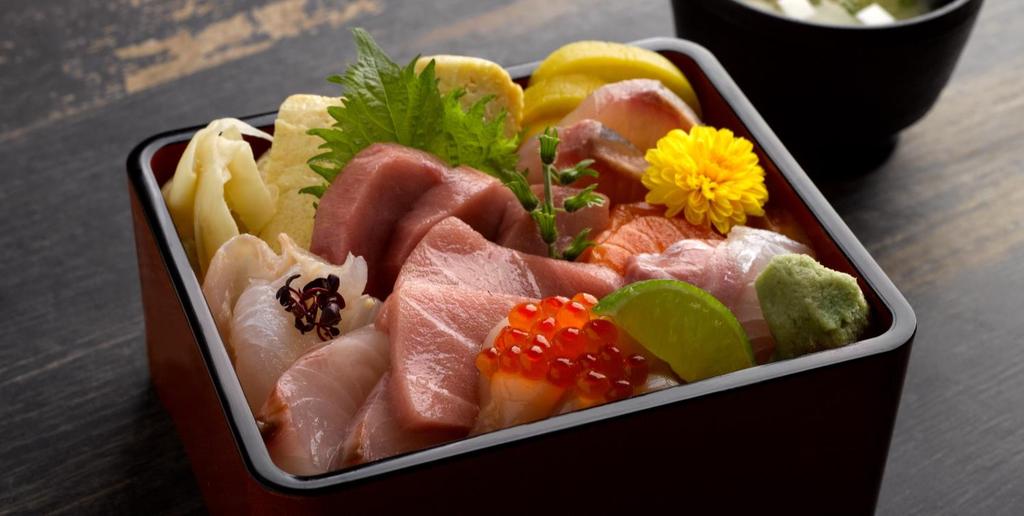 Bento / Don *Comes with Miso Soup and Japanese Fruits Sashimi Sushi Bento Assorted Premium Raw fish, Sushi and Maki 3 Sake Don Salmon Rice 2 Unagi Sashimi Bento Freshwater Eel, Assorted Raw Fish and