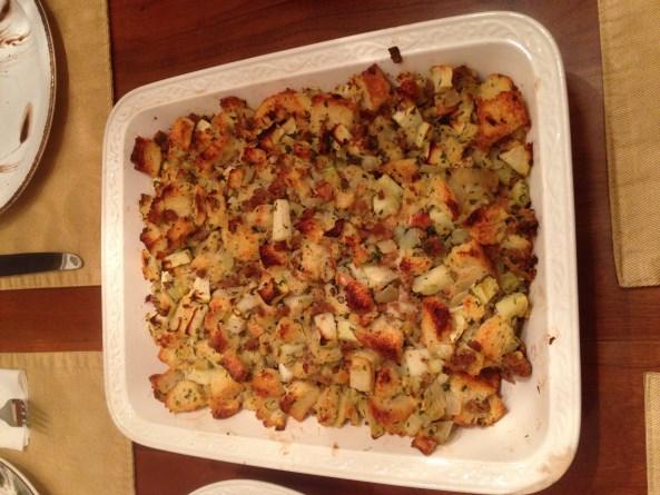 Sourdough Stuffing With Sausage, Apples, And Raisins 8 cups of cubed bread The Breadery, Oella MD 1 lb. turkey sausage 2 cups chopped onions 1 cup chopped celery 4 Tbsp.
