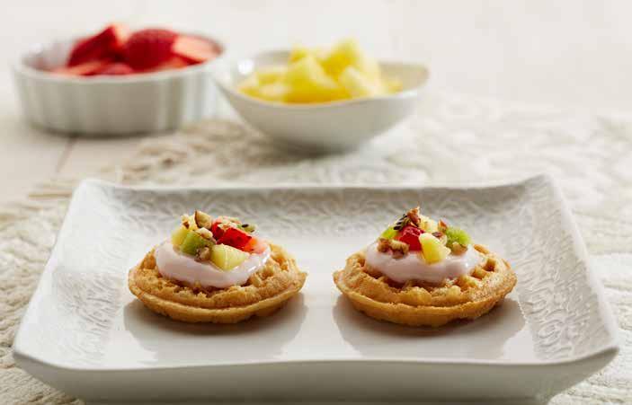 6 waffle fruit bites Total Time: 5 minutes Prep Time: 5 minutes Calories: 70 Protein: 1g Fiber: 1g Maple-flavored mini waffles create a base for these fruit-and-yogurt snacks. Ingredients 1 pouch (2.