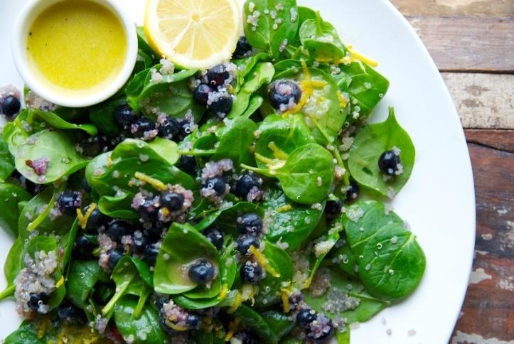 Spinach and Blueberry Salad with Lemon Basil Dressing [Serves 4] 8 cups baby spinach 2 pint organic blueberries 1 cup cooked quinoa or black lentils ½ cup sliced almonds Right before serving, mix all