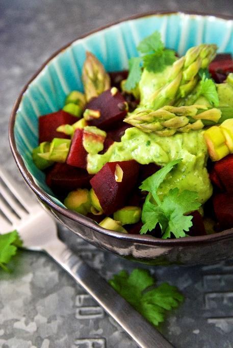 Roasted Beet and Lentil Bowl with Avocado Cilantro Sauce [Serves 4] 1 cup black lentils, rinsed 2 cups water or vegetable broth 4 medium beets, roasted (see notes) 1 bunch asparagus, chopped into