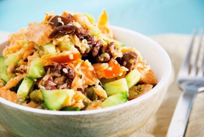 Mediterranean Salmon Salad [Serves 2] 1 can of sustainably caught salmon, drained ½ celery stalk, diced ¼ cucumber, diced 1 tablespoon capers 5-6 chopped kalamata olives 1 tablespoon hemp