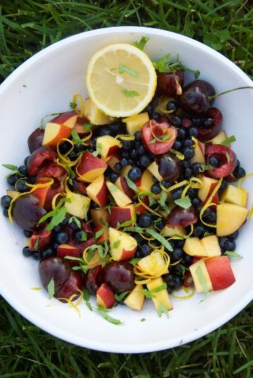 Fruit Salad [Serves 2] 1 peach, chopped 1 nectarine, chopped ½ cup cherries, pits and stems removed ½ cup blueberries
