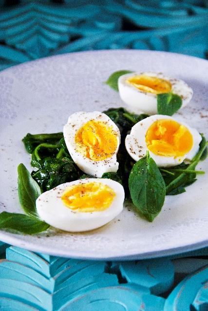 Boiled Eggs with Sautéed Spinach [Serves 1] 2 eggs 2 cups spinach 1 tablespoon extra virgin olive oil 1 garlic clove squeeze of lemon salt and pepper Place eggs in a saucepan and cover with water.