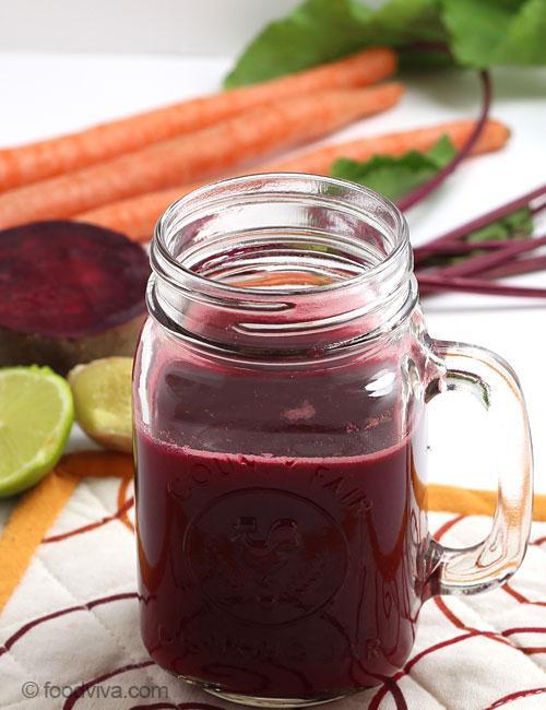 Beetroot and Carrot Juice 1 beetroot 1/2 carrot Half inch of ginger Peel them and cut them into small pieces. Blend these ingredients to a smoothie consistency.