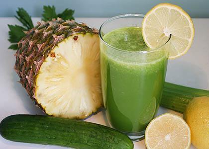 Cucumber and Pineapple Juice 1/2 Cucumber 1/2 Green Apple Few slices of Pineapple 1/2 inch of Ginger Cut