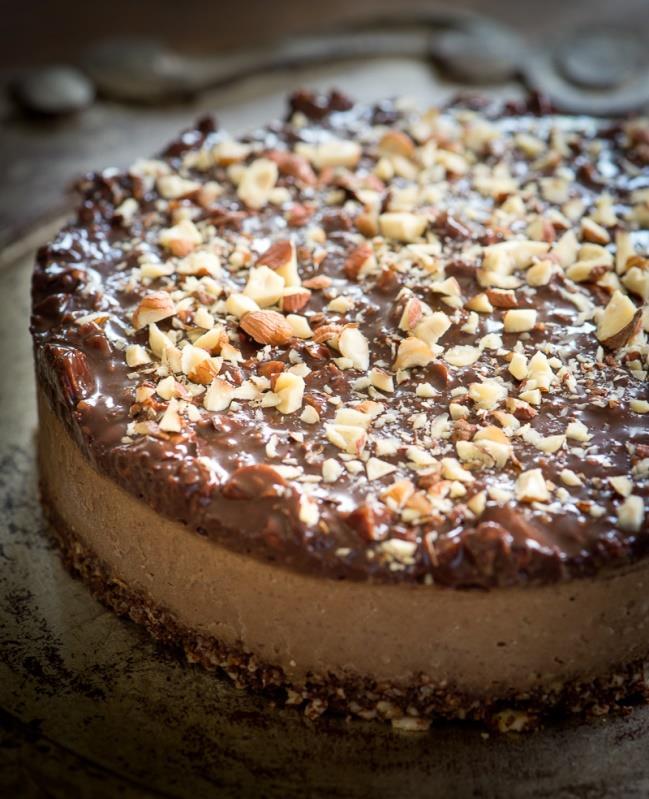 Hazelnut Nutella Frozen Torte serves 8 10 Crust 1/2 cup almonds 1/2 cup cacao powder 8 dates, soaked until soft Place all ingredients in food processor. Pulse until coarsely chopped.