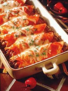 Enchiladas Beef & bean with Mexican Rice 1 lb. ground beef 1 med. onion, diced 1 lg. can refried beans or pinto beans, soaked & cooked 1 pkg. corn tortillas (12) 1 pkg. taco seasoning 1 (12 oz.) pkg.
