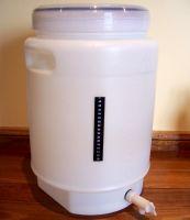 Reusable Equipment Fermenting Drum Basically the fermenting vessel is a plastic drum with an air tight lid, a tap at the bottom and a stick on thermometer on the side.