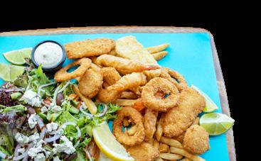 Seafood Fish & Chips One Cavill Seafood Board - $32 Lightly crumbed fish, prawns, scallops, calamari, served with a Greek Salad and beer battered fries with lemon wedges and tartare sauce Grilled