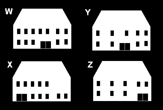 3 windows on the 1st floor of the front of the house 3. Door on the left side of the front of the house 4.