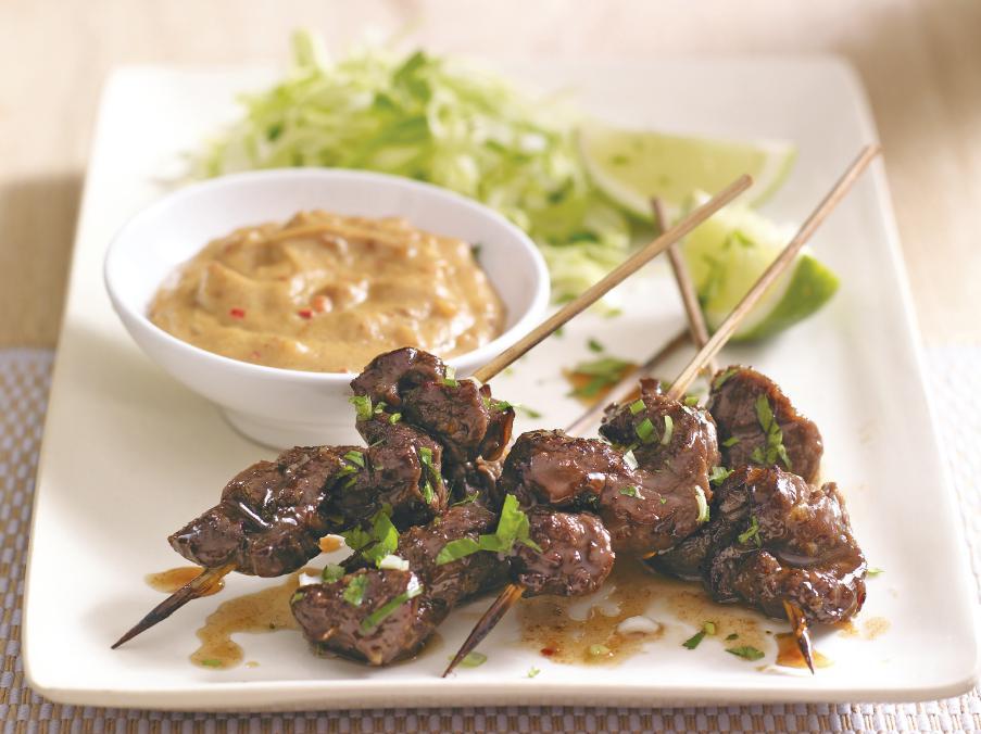 BEEF SATAY SERVES: 4 PREP: 10 mins COOK: 15 mins Sirloin OR Ribeye 600g Scotch Beef PGI ribeye or sirloin steak, trimmed of all fat and sinew 24 bamboo satay sticks, soaked in water FOR THE MARINADE