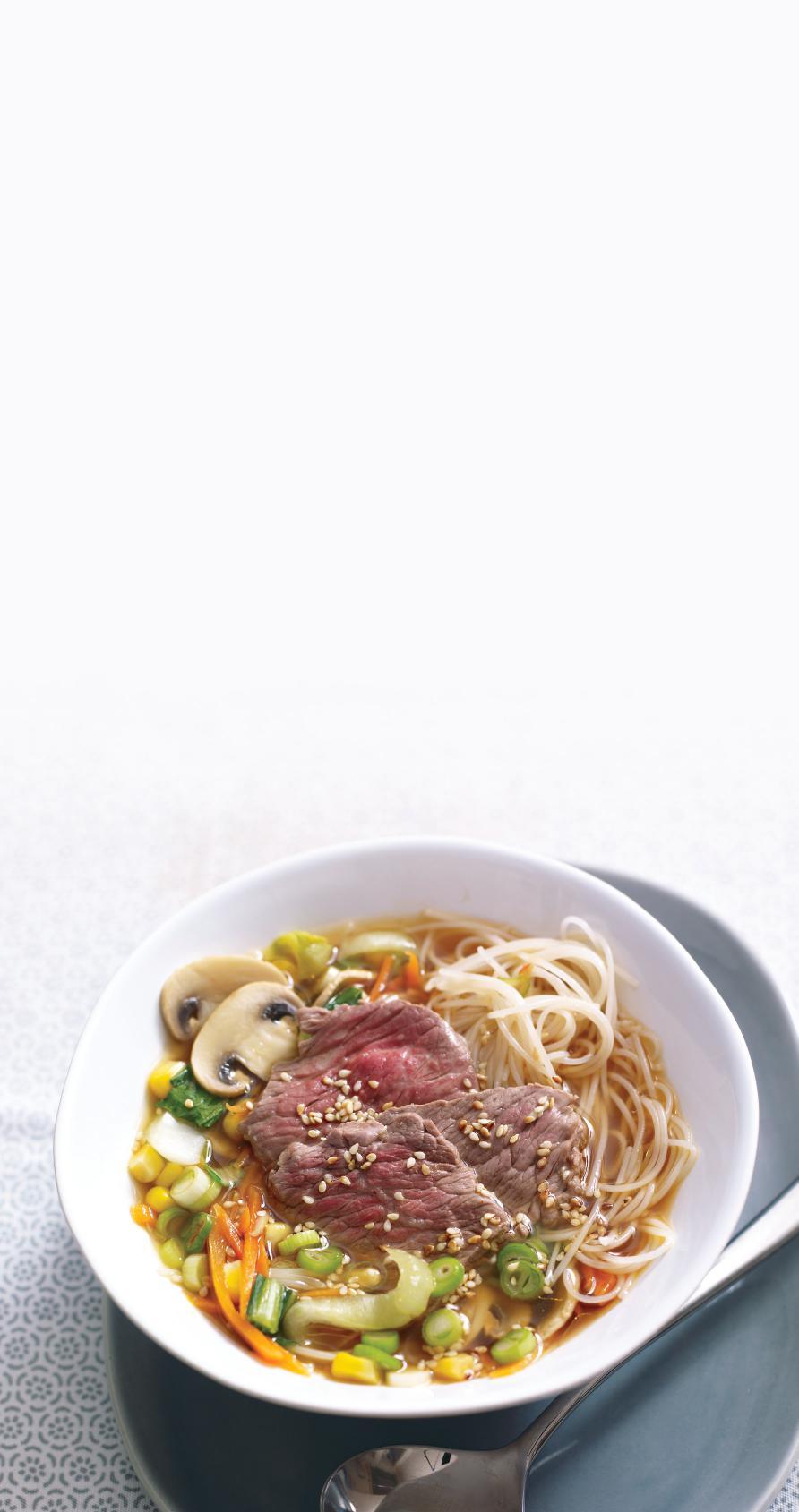ASIAN BEEF NOODLE SOUP SERVES: 4 PREP: 20 mins COOK: 15 mins Fillet 250g fillet of Scotch Beef PGI (cut from the narrow end), thinly sliced 600ml beef stock 2 tbsp light soy sauce 2 tbsp chilli sauce