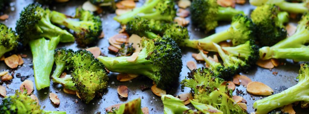 Roasted Broccoli with Almonds 4 ingredients 20 minutes 4 servings 1. Preheat oven to 350 degrees F and line a baking sheet with parchment paper. 2. Toss broccoli florets with avocado oil, and lay in a single layer across the baking sheet.
