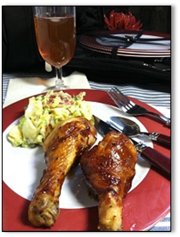 Barbecue Chicken Legs (1a) Active Time: 20 min. Dinner 1 Barbecue Chicken Legs with Bacon-Potato Salad and Sweet Tea Total Time: 30 min.