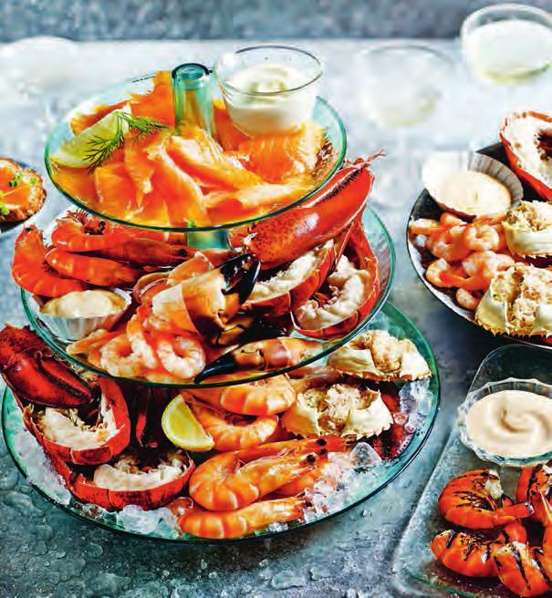 Comes with lemon wedges, lemon mayonnaise and Marie Rose sauce. Includes a table-presentable platter, as shown. Serves 6-8 1.1kg 00960595 B Shellfish platter 53.