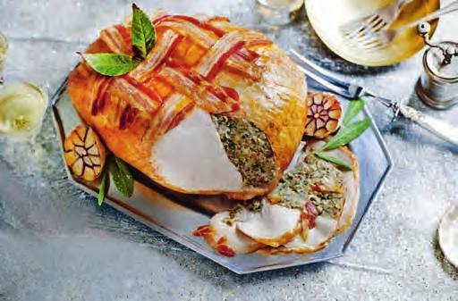 18 Turkey crown with pork and caramelised chestnut stuffing Bone-in turkey crown stuffed with British pork sausagemeat, chestnuts and herbs and topped with smoked